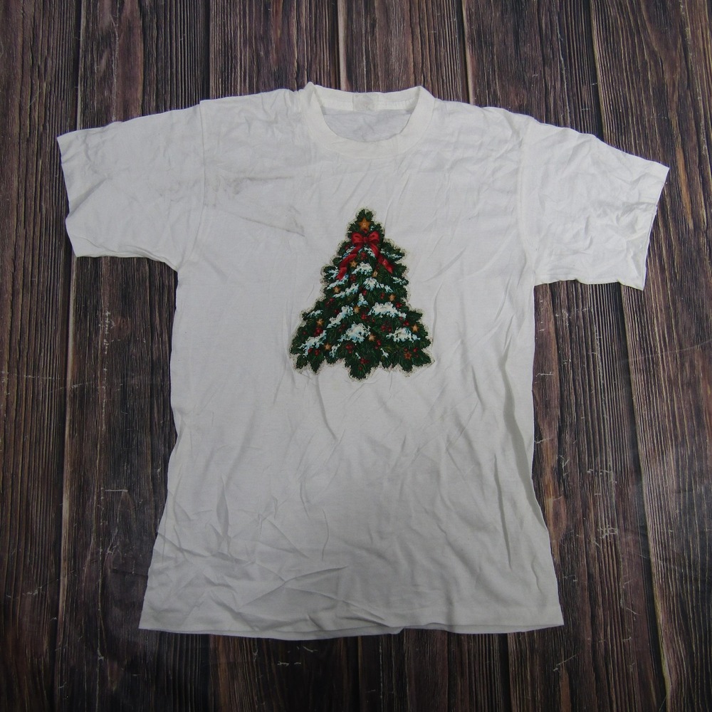 Vintage Christmas Tree Shirt‎ Mens Medium White Holiday Graphic Sportsman 90s